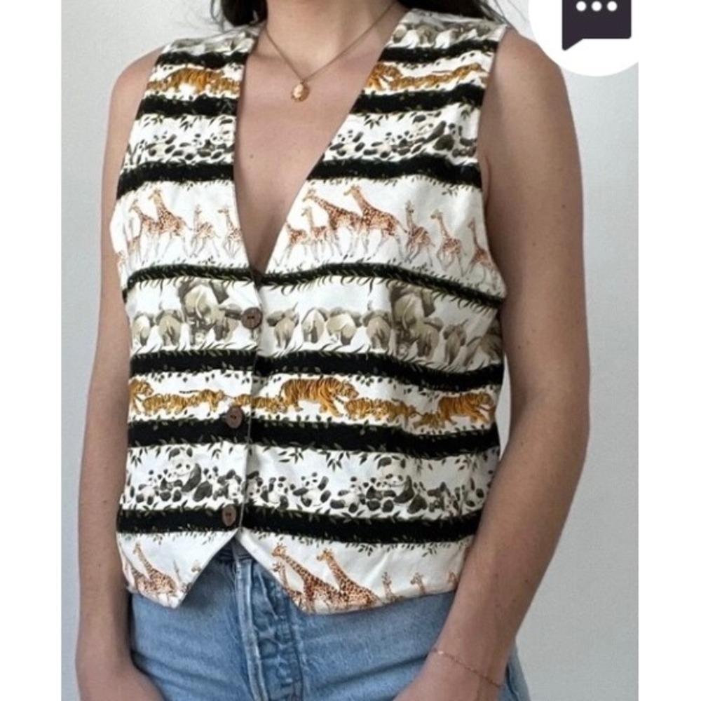 Vintage Linda Tilson Sarasota Safari Animal Print Cotton Button Up Vest Womens L